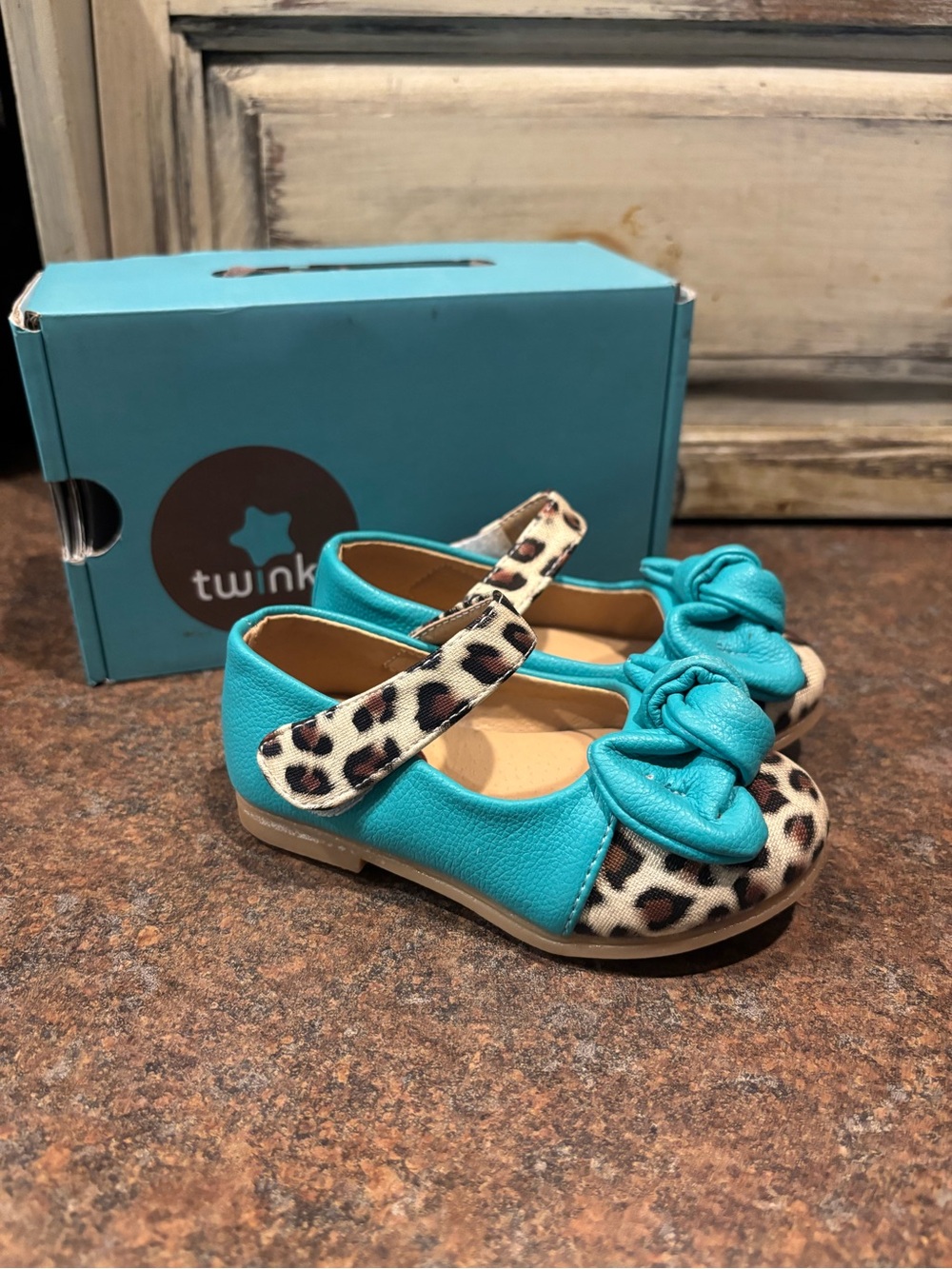 Wink Turquoise Mary Janes with Leopard Accents and Bow